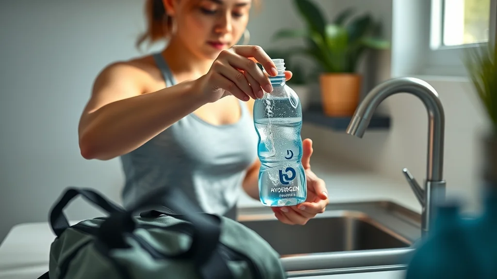 Person filling cheap hydrogen water bottle before workout in a home kitchen, prepping for class, soft shadows, photorealistic, greens and blues