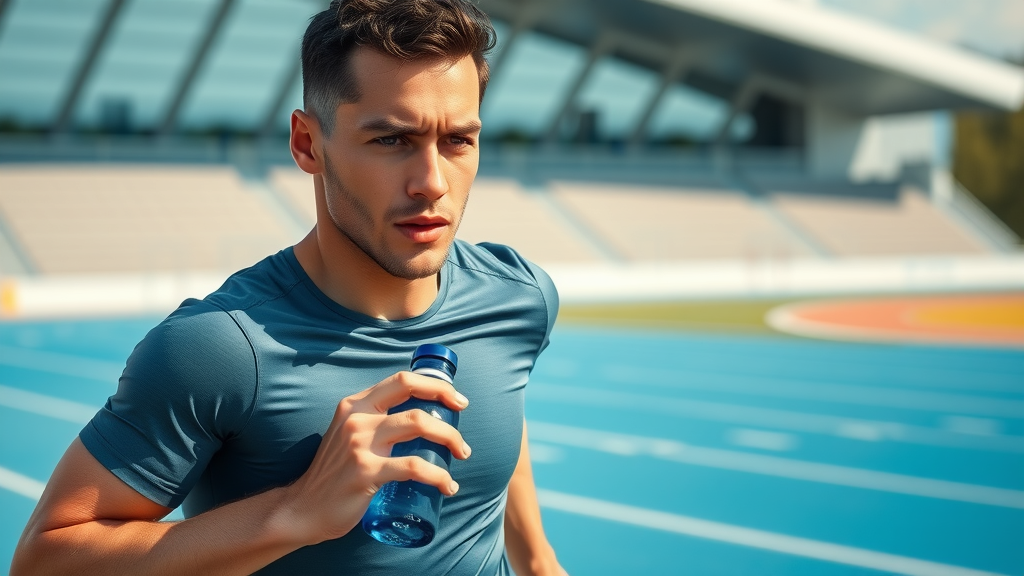 Male athlete running on track with best hydrogen water bottle for athletes, crisp textures, vibrant blue and white palette