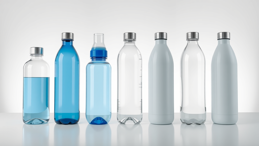 best hydrogen water bottle family - Lineup of seven best hydrogen water bottles, photorealistic against minimalist white background, blue and silver accents.