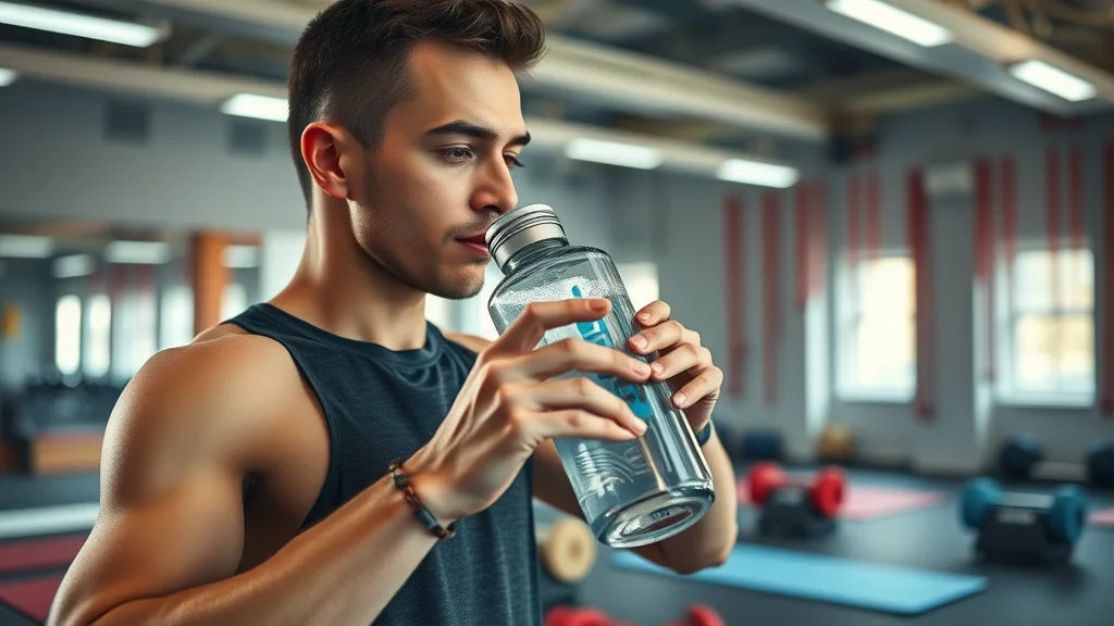 Athlete or fitness professional using a cheap hydrogen water bottle for fitness, workout pause, high definition, energetic studio and dynamic shading, photorealistic