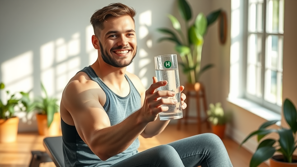 Balanced fitness recovery setup with hydrogen water, foam roller, snack, and yoga mat in clean gym studio