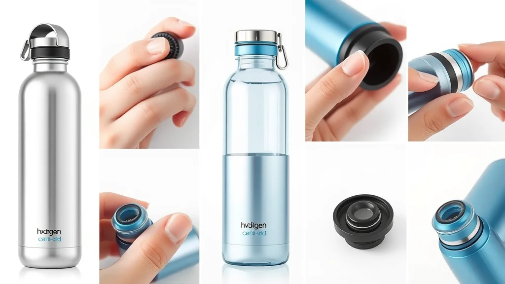 Collage of cheap hydrogen water bottles for fitness featuring cap lock, filter, LED light, close-up details, product shot on white, crisp focus, silver, blue, and black