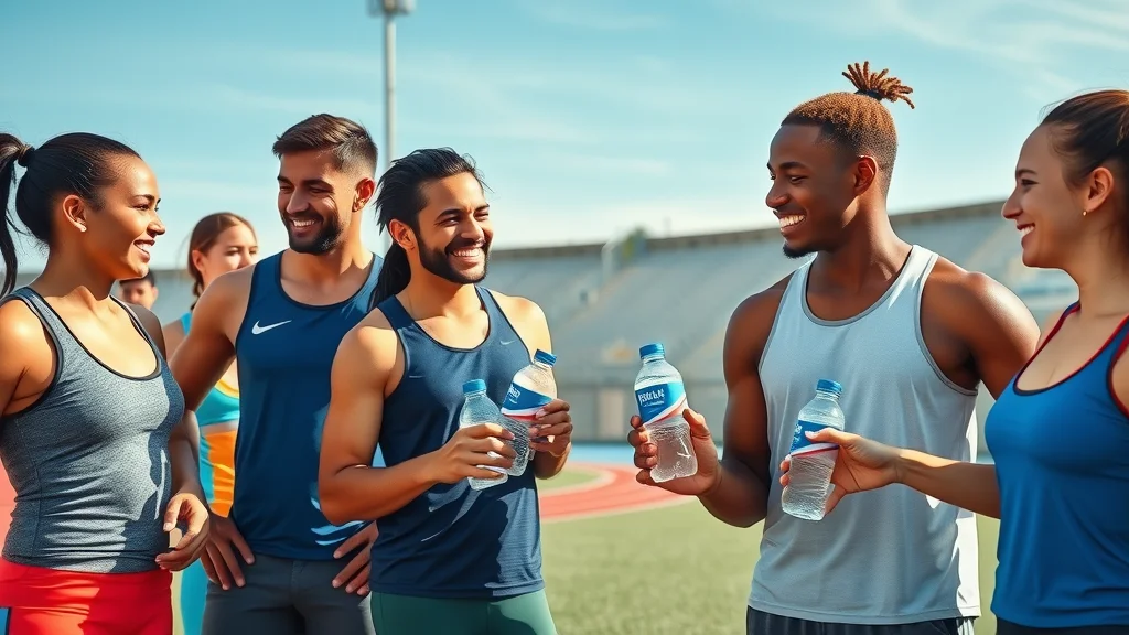 Group of athletes sharing hydrogen water before and after training on sunny outdoor track—user testimonials