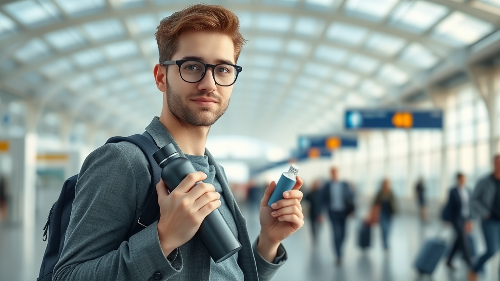 Traveler at airport with best portable hydrogen water bottle and carry-on, looking confident