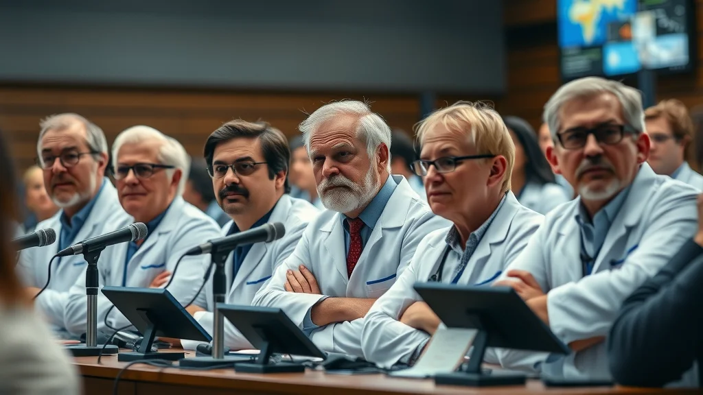 Panel of expert scientists debating hydrogen water lactic acid benefits, academic auditorium, skeptical and analytical, photorealistic, digital screens, natural skin tones