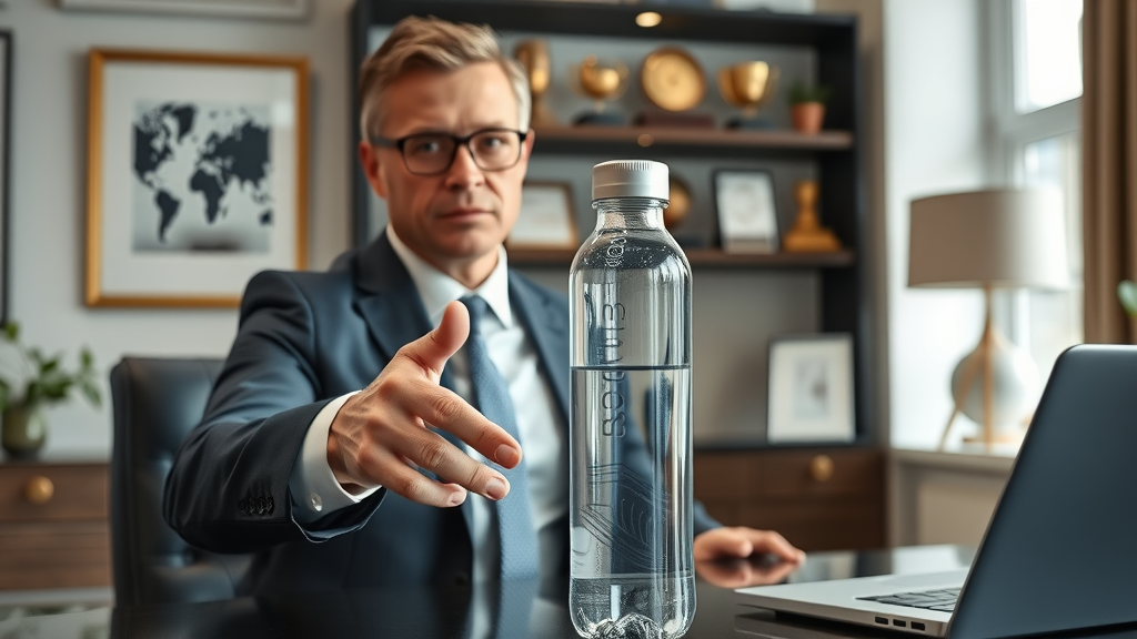 best hydrogen water bottle family - Well-dressed expert gestures to premium hydrogen water bottle, professional office, awards in background, photorealistic.