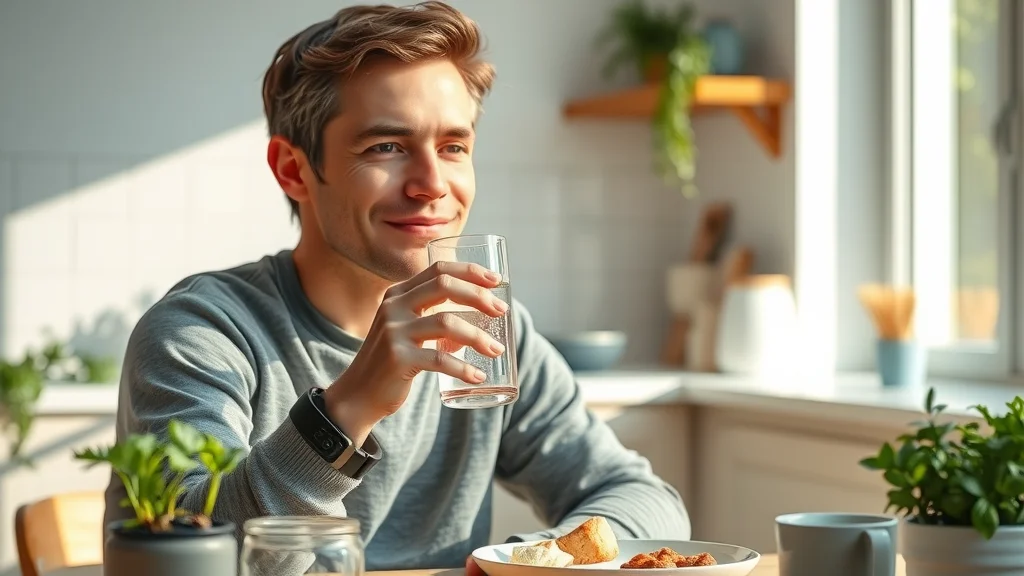 Everyday person enjoying hydrogen water at home, muscle fatigue recovery, modern sunlit kitchen, photorealistic detail, natural daylight
