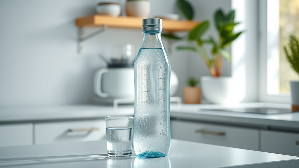 Best budget hydrogen water bottle on clean kitchen countertop with modern design, potted plants in background, cool blue and white hues, glass of fresh water nearby, sparkling under daylight, photorealistic quality.