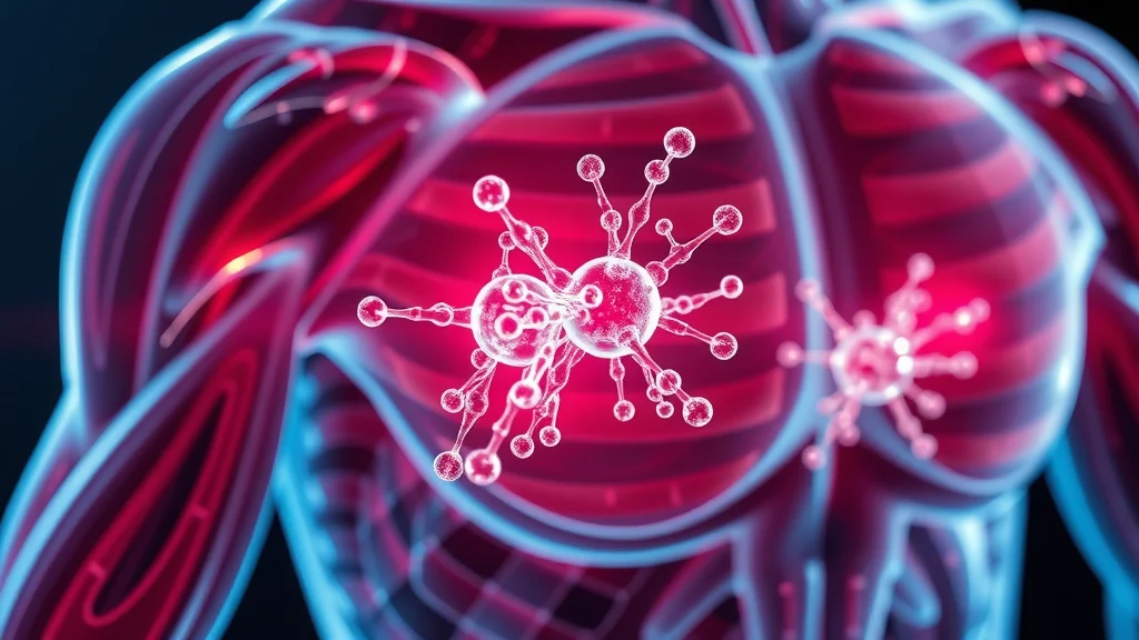 Muscle fibers with hydrogen water and lactic acid molecules interacting, photorealistic, molecular detail, vibrant reds and blues, simulated glowing light