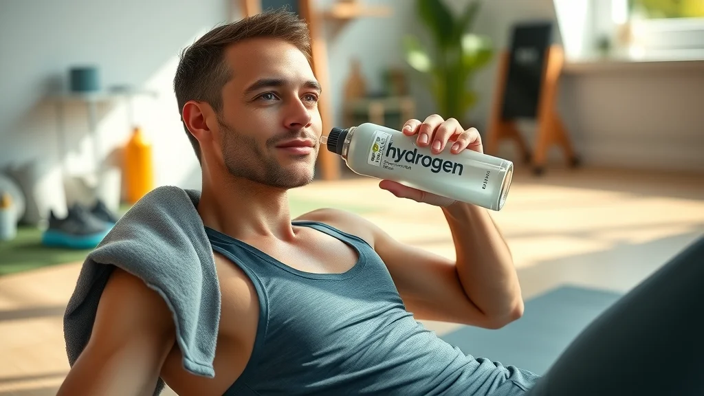 Athlete recovering post-workout, drinking from a hydrogen water bottle on yoga mat—muscle recovery and relaxation after training
