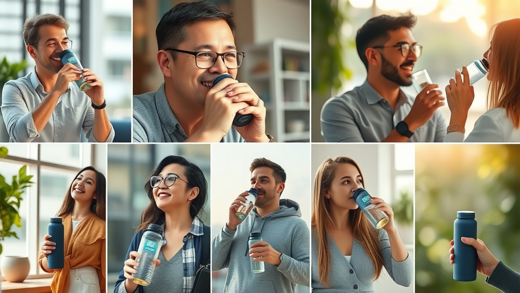 Collage of users enjoying hydrogen water bottles in different environments—work, outdoors, home—cheerful expressions, real-life settings, high detail, warm colors.