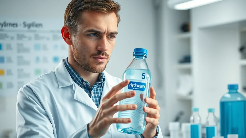 Sports scientist examining hydrogen water bottle in a modern sports lab, hydration charts in background.