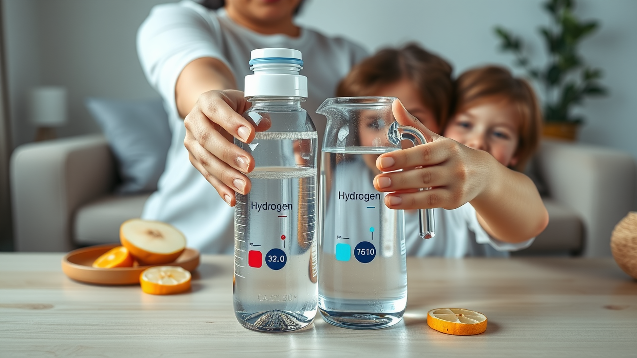 best hydrogen water bottle family - Parent and child hands compare hydrogen water bottle and pitcher, natural setting, clean wooden table, fresh sliced fruit. No text or writing anywhere.