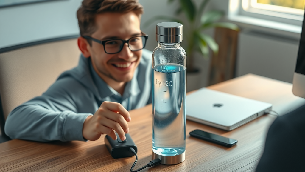 Modern hydrogen water bottle with battery level indicator, USB-C charger, sleek look, wooden desk, tech accessories, glowing status light, detailed textures, soft highlights.