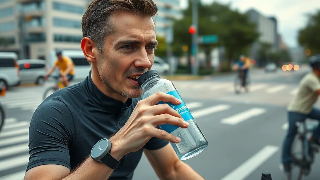 Urban cyclist drinks from HydroGize hydrogen water bottle, city background, bike lane, and fitness wearable.