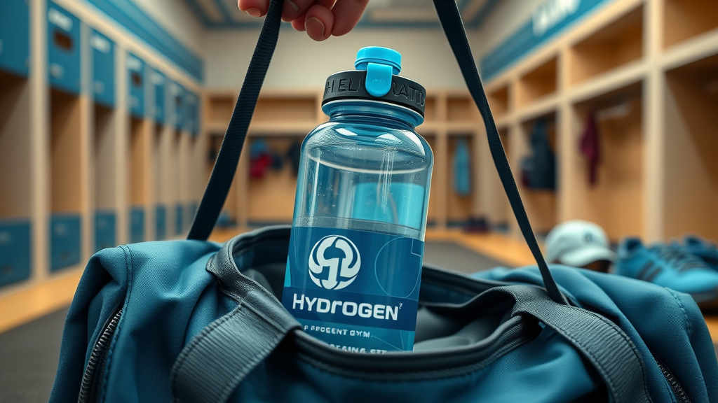 Hydrogen water bottle in gym bag with athletic gear, practical and happy mood, secure lid, cool blues, energetic accents, realistic locker room setting.