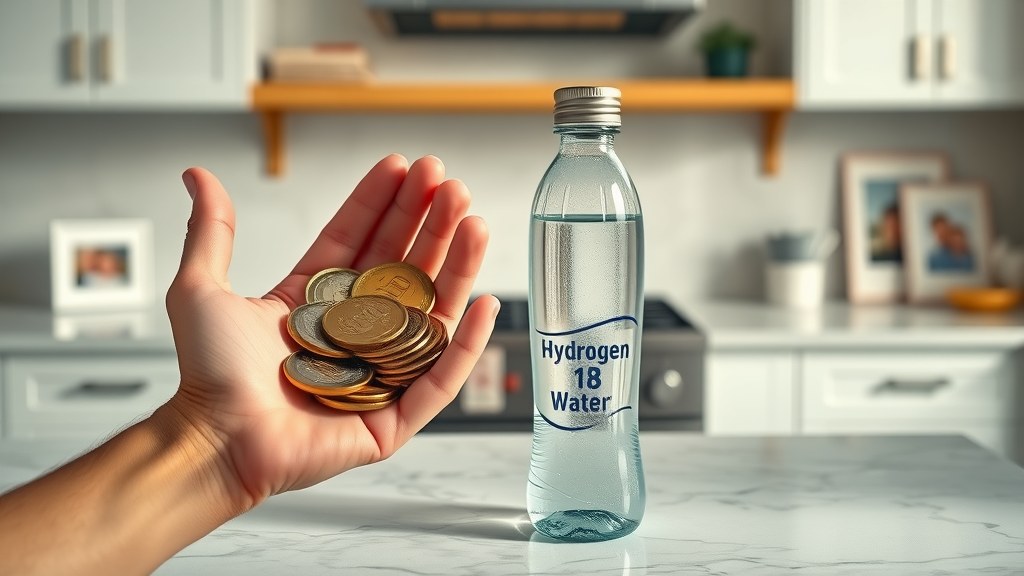 best hydrogen water bottle family - Hands holding coins and hydrogen water bottle over marble kitchen counter, family photo background, warm/cool color contrast.