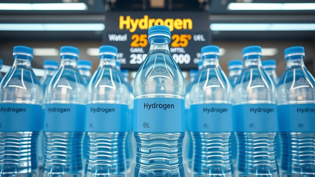 Budget-friendly cheap hydrogen water bottles with digital price comparison chart, retail shelf, photorealistic, blue and silver finish, high gloss