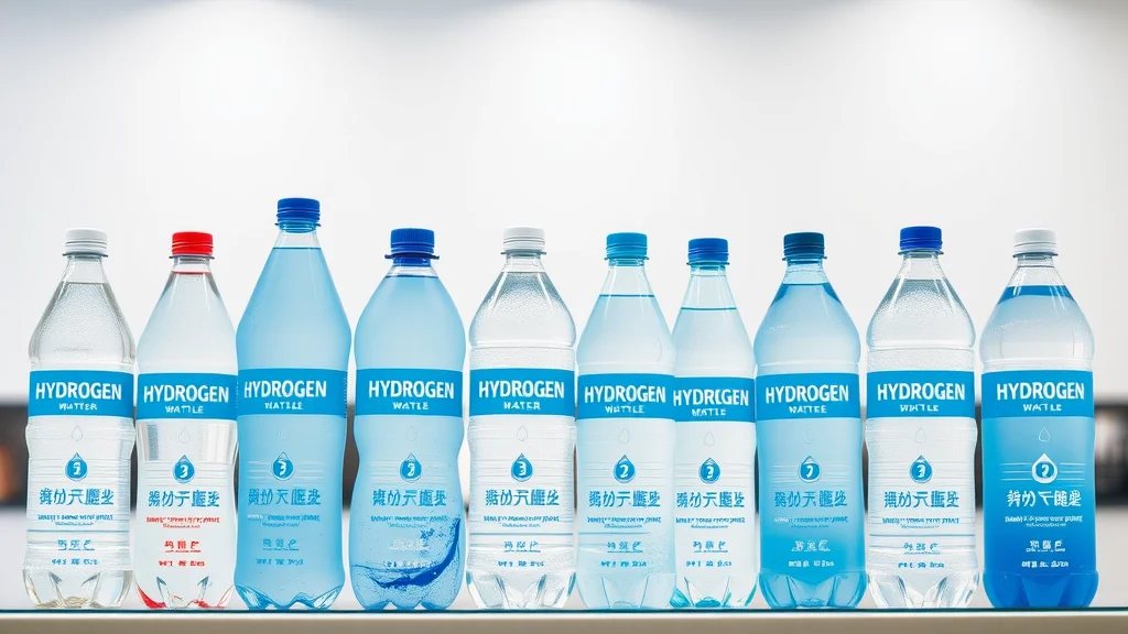Lineup of various budget hydrogen water bottles for fitness displayed for easy comparison, photorealistic, transparent blues, glass effect, white background