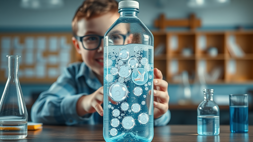 Cutaway view of hydrogen water bottle electrolysis, bubbling water, glowing bubbles, detailed electrodes, science classroom background, high clarity, blue and metallic tone.