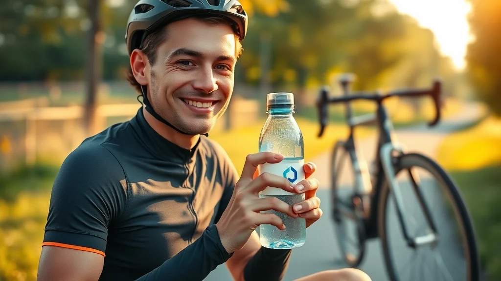 Fit cyclist holding Piurify hydrogen water bottle on a sunny park trail for runners and cyclists.
