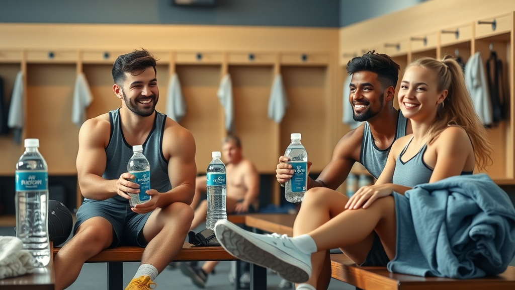 Gym participant using foam roller on sore legs with hydrogen water — muscle recovery and DOMS relief
