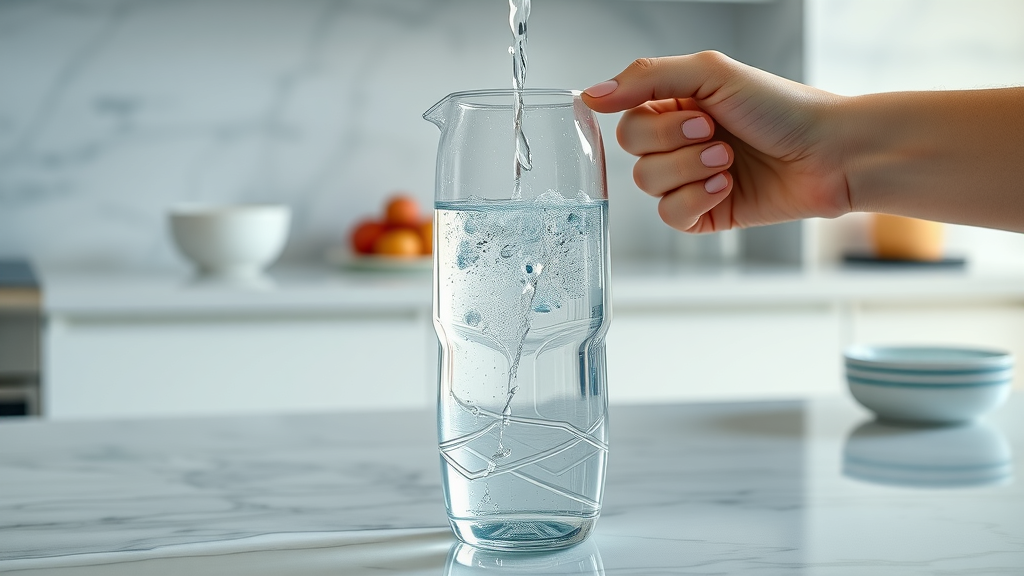 Pouring purified water into hydrogen water bottle, precise action, marble counter, glass pitcher, vivid flow, clear highlights, kitchen backdrop.