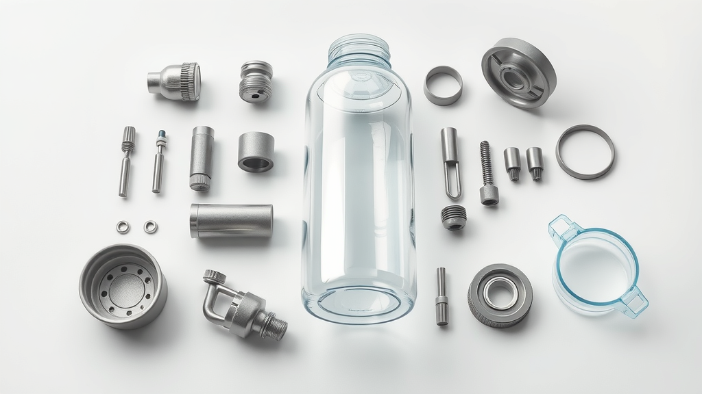Disassembled hydrogen water bottle components: electrodes, filter, lid, spread on white surface, metallic and clear parts, sharp clarity, silver and aquamarine palette.