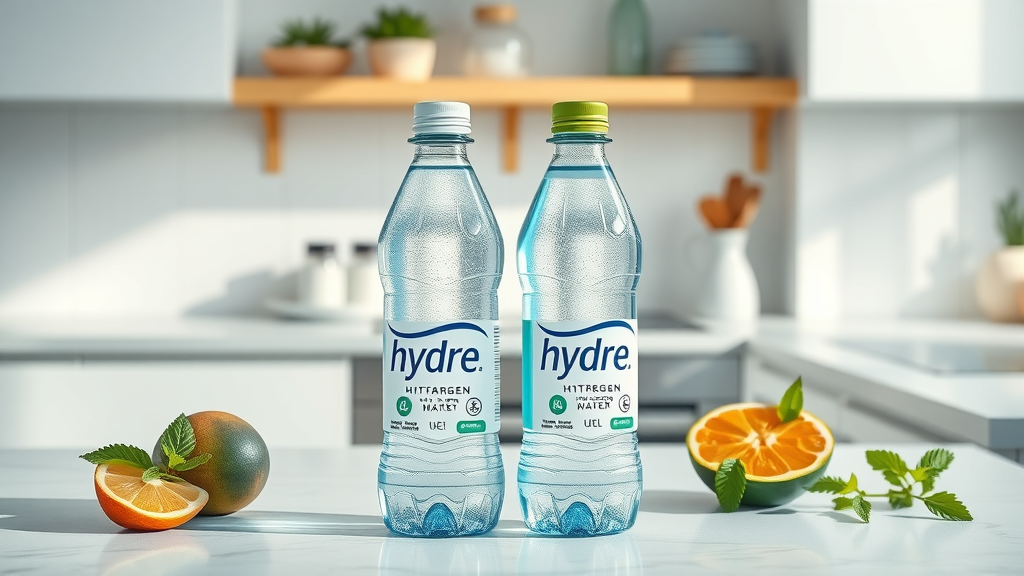 Hydrogen vs. regular water bottle side-by-side on clean countertop, best portable hydrogen water bottle