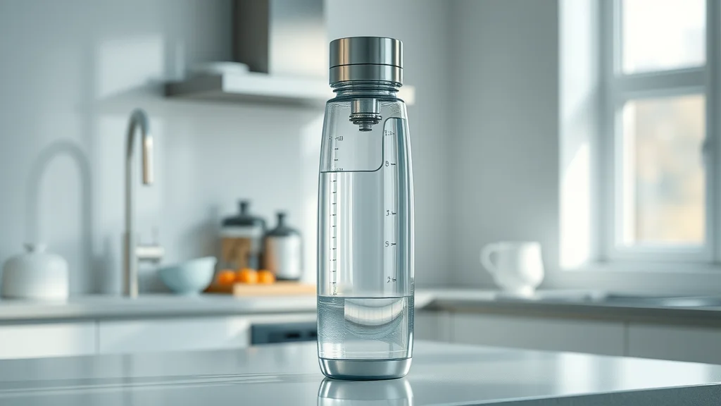 Sleek hydrogen water bottle with visible PEM tech components for runners, photorealistic minimal kitchen setting.