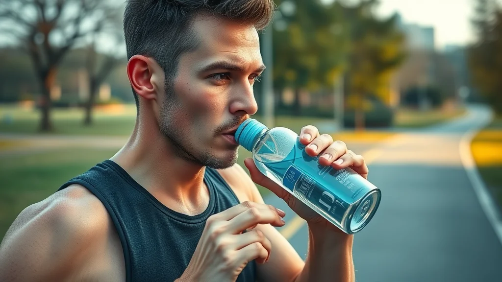 Active runner hydrating with the best hydrogen water bottle for runners in a city park setting, water droplets, and dynamic atmosphere.