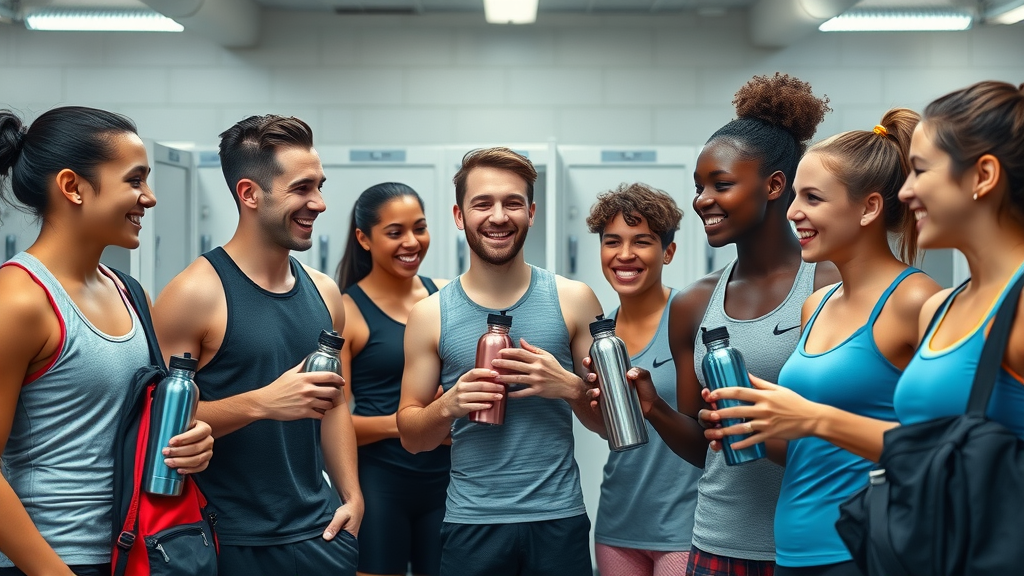 Locker room group compares hydrogen water bottles, energetic sports scene, stainless steel bottles, vibrant blues and reds