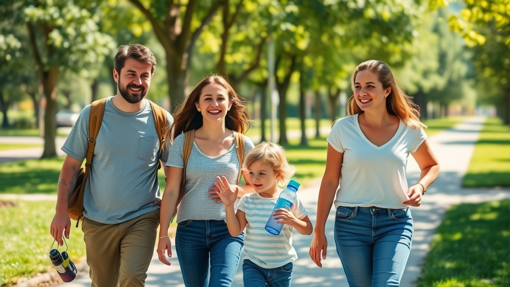 best hydrogen water bottle family - Family walking in the park with hydrogen water bottle, vibrant colors, movement, sunny outdoor scene.