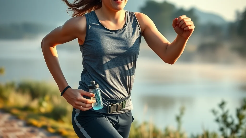 Runner with LevelUpWay hydrogen water bottle clipped to running belt, riverside trail, morning mist.
