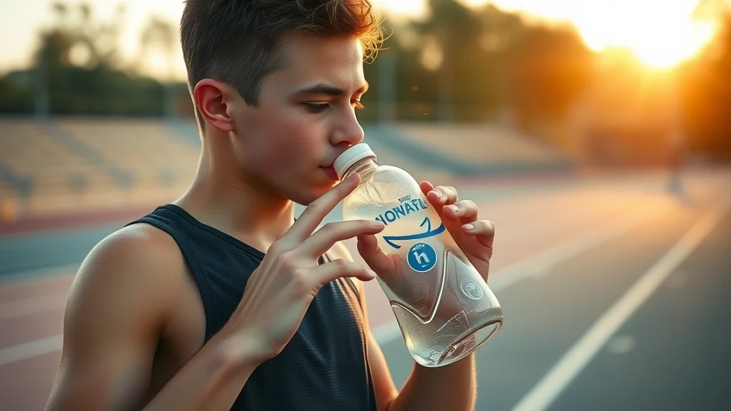 Young athlete on a track rehydrating with hydrogen water, wiping sweat, photorealistic with evening sunlight and gentle motion blur