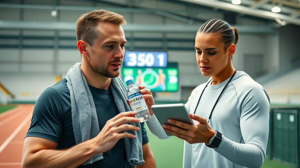 Elite trainer with athlete discussing hydrogen water bottle for performance recovery