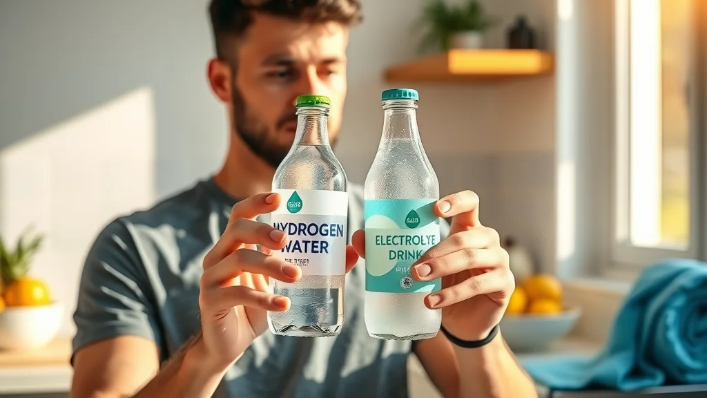 Bright lifestyle shot of an everyday person comparing hydrogen water and electrolyte drink bottles in a sunlit home kitchen, photorealistic