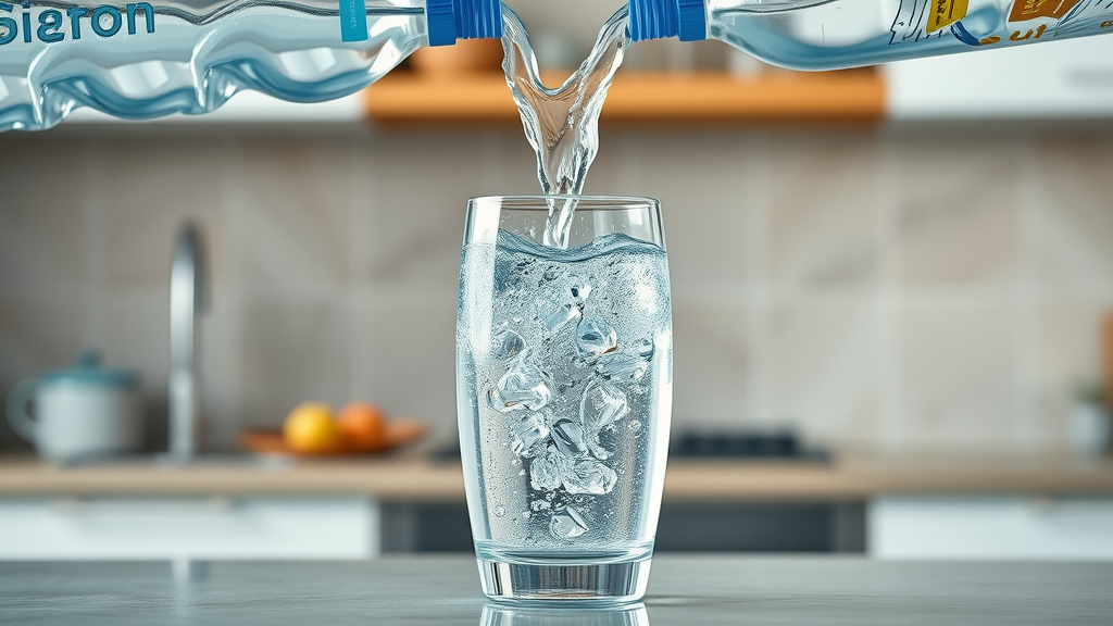 Rich water pouring from hydrogen bottle, mid-action, visible droplets, clear glass, kitchen background, sparkling clarity, blue and white color palette, lifelike refraction.
