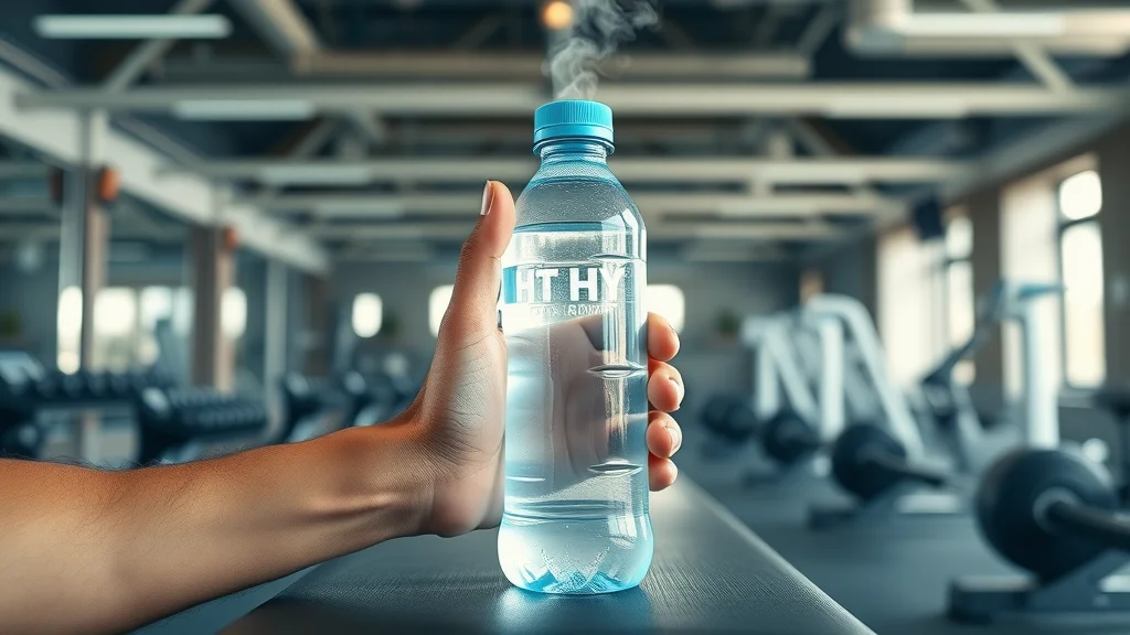 Modern cheap hydrogen water bottle for fitness on a gym bench, after a workout, photorealistic, with visible steam rising, set in a well-lit fitness center with exercise equipment, rendered in cool blues and neutral greys, balanced daylight