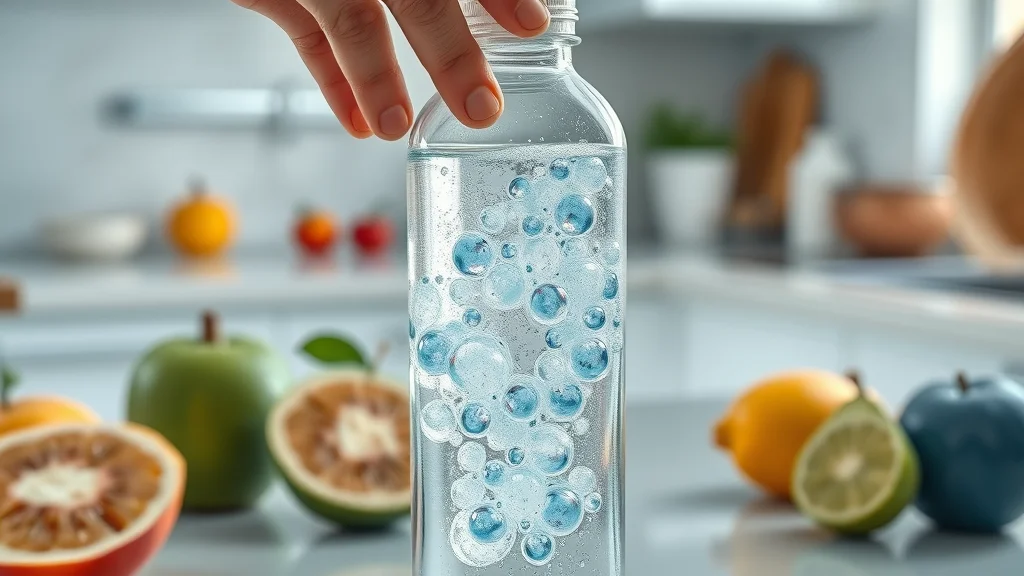 Close-up of bubbling cheap hydrogen water bottle showing water enrichment process on a kitchen counter next to fruit, photorealistic, vivid bubbles, light blues and whites